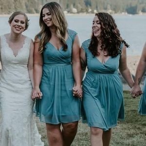 David’s bridal bridesmaid dress in teal blue